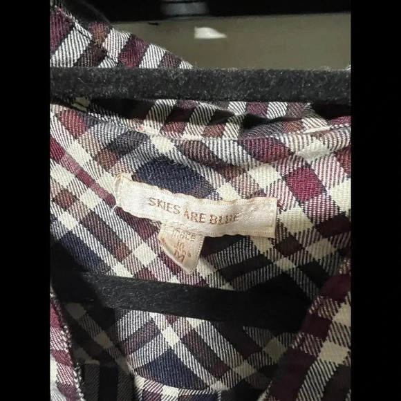 Skies Are Blue Women's V-Neck Maroon Navy Plaid Shirt Roll Tab Sleeve Size M - Picture 11 of 11